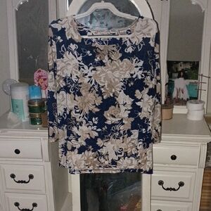 JM Collection Navy and Beige Floral Long Sleeve Top
